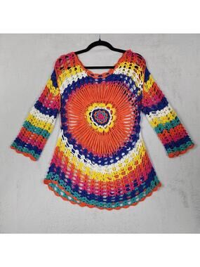 Handmade Crochet Rainbow Mandala Tunic Top Boho Festival Beach Cover Up